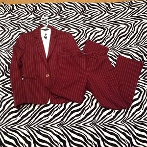 Express Pinstripe Suit w/Columnist Barely Boot Mid Rise Pants in burgundy size 6